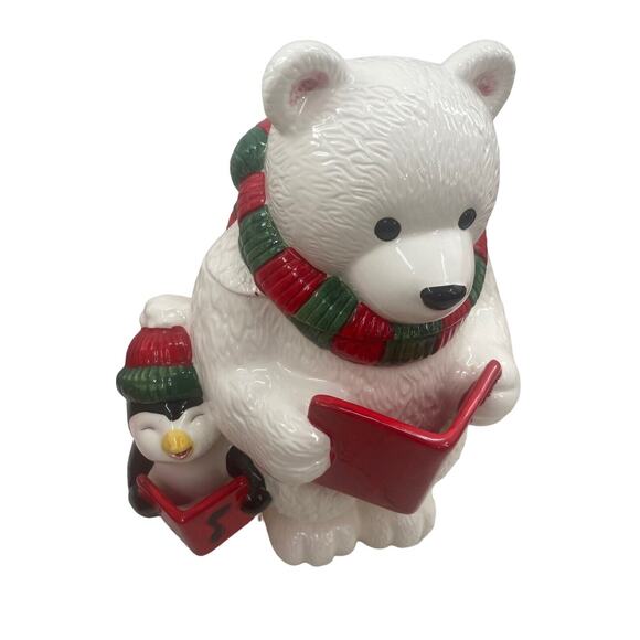 Vintage Caroling Polar Bear & Penguin Christmas Cookie Jar Ceramic W/Box CELLAR - Picture 13 of 16